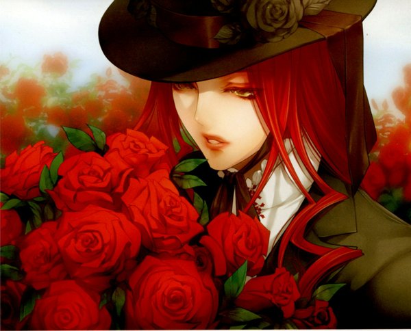 Anime picture 1515x1224 with will o' wisp (game) gyl usuba kagerou yellow eyes red hair otoko no ko boy flower (flowers) hat rose (roses) red rose