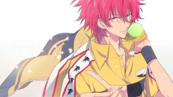 Anime picture 1000x564 with prince of tennis marui bunta nic (kevin) single looking at viewer short hair simple background wide image purple eyes pink hair from above gradient background victory open collar boy uniform petals gym uniform wristlet bubblegum