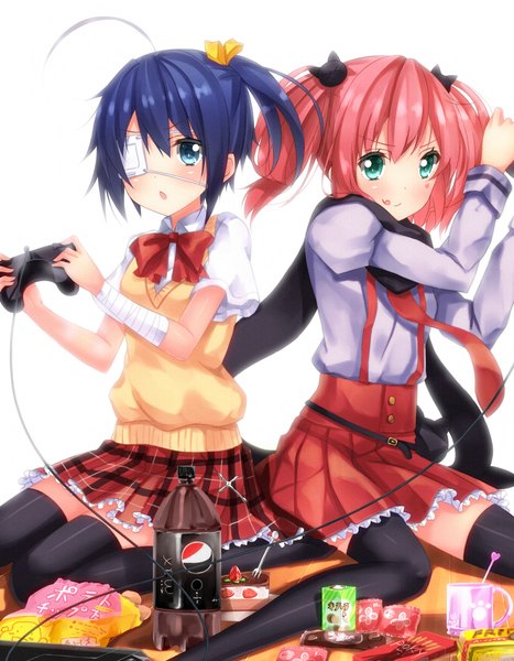 Anime picture 1018x1308 with chuunibyou demo koi ga shitai! kyoto animation takanashi rikka shichimiya satone swordsouls tall image blush short hair blue eyes simple background white background twintails multiple girls green eyes blue hair pink hair zettai ryouiki one side up plaid skirt frilly skirt