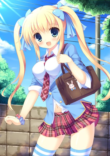 Anime picture 1000x1414 with original taiki ken single long hair tall image blush open mouth blue eyes blonde hair twintails girl thighhighs skirt uniform bow hair bow school uniform shirt necktie striped thighhighs