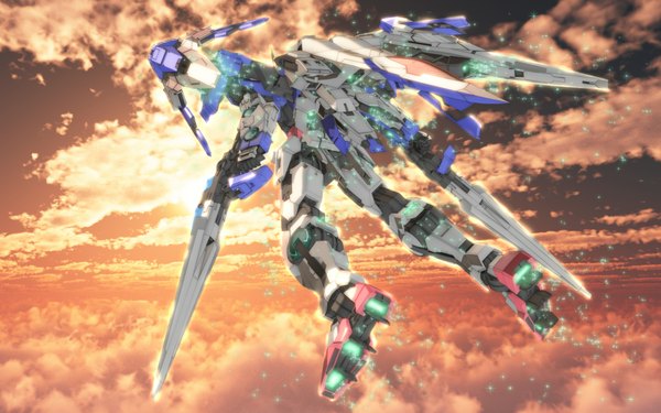 Anime picture 1680x1050 with mobile suit gundam mobile suit gundam 00 sunrise (studio) zefai wide image sky cloud (clouds) from behind flying scenic weapon mecha