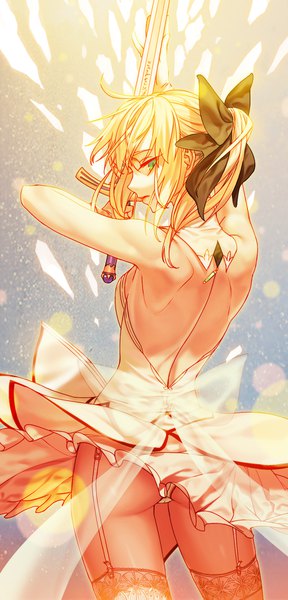 Anime picture 874x1819 with fate (series) fate/stay night fate/unlimited codes artoria pendragon (all) saber saber lily pixiv id6600126 single long hair tall image looking at viewer breasts light erotic blonde hair bare shoulders holding green eyes ass ponytail wind