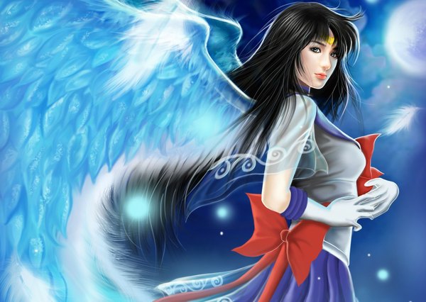 Anime picture 2000x1421 with bishoujo senshi sailor moon original toei animation single long hair highres black hair very long hair pleated skirt lips night grey eyes night sky girl skirt gloves bow wings moon transparent clothing