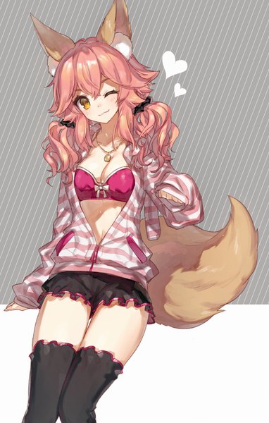 Anime picture 792x1241 with fate (series) fate/extra tamamo (fate) (all) tamamo no mae (fate) chocoan single long hair tall image looking at viewer blush fringe breasts light erotic simple background smile hair between eyes standing twintails animal ears yellow eyes
