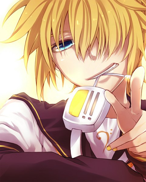 Anime picture 800x1000 with vocaloid kagamine len mukkun single tall image looking at viewer fringe short hair blue eyes simple background blonde hair smile nail polish hair over one eye pointing yellow nail polish boy headphones