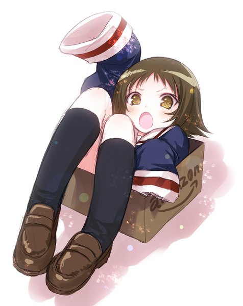 Anime picture 794x1000 with mikakunin de shinkoukei doga kobo amazon (company) mitsumine mashiro kiira single tall image looking at viewer blush short hair open mouth brown hair brown eyes long sleeves :o in container in box girl uniform socks