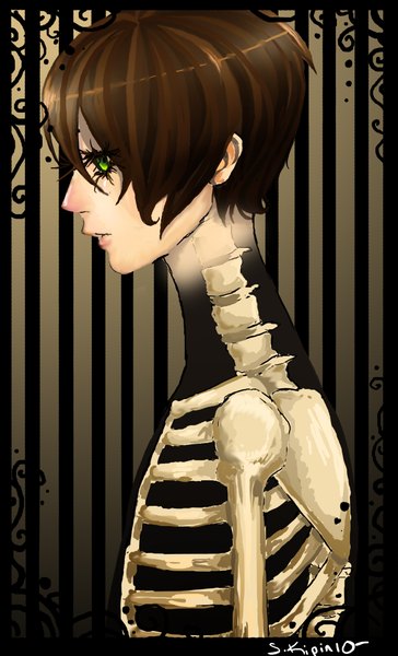 Anime picture 2550x4200 with original meexart single tall image highres short hair brown hair green eyes profile skeleton boy