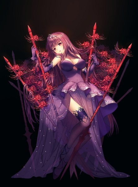 Anime picture 1000x1348 with fate (series) fate/grand order scathach (fate) (all) scathach (formal dress) (fate) rosuuri single long hair tall image looking at viewer breasts light erotic red eyes signed purple hair full body sleeveless adapted costume girl thighhighs dress