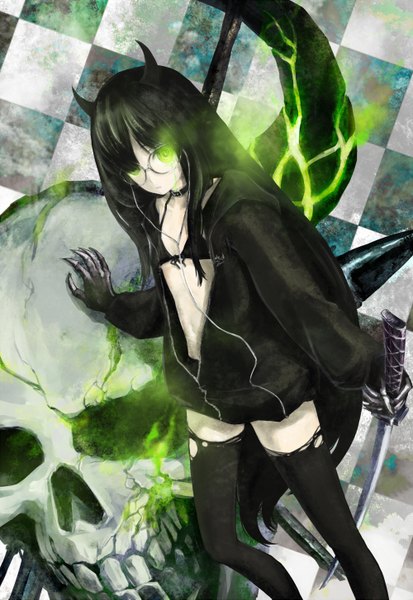 Anime picture 1000x1453 with black rock shooter black devil girl long hair tall image looking at viewer black hair green eyes horn (horns) open clothes open jacket checkered background girl thighhighs black thighhighs choker glasses headphones bikini top skull