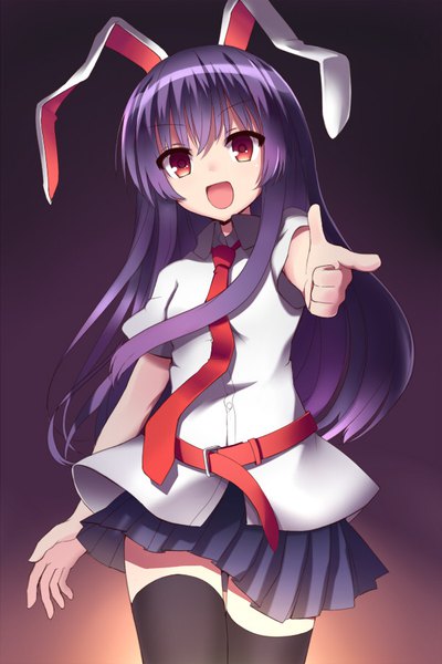 Anime picture 600x900 with touhou reisen udongein inaba miya (tokumei) single long hair tall image looking at viewer fringe open mouth smile red eyes animal ears purple hair :d pleated skirt bunny ears zettai ryouiki outstretched arm finger gun girl
