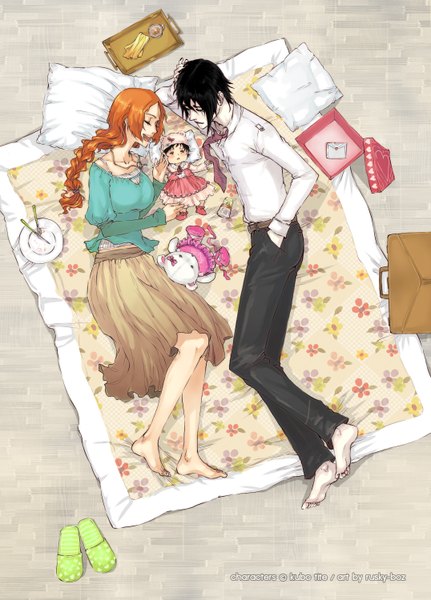 Anime picture 1076x1499 with bleach studio pierrot inoue orihime ulquiorra schiffer rusky long hair tall image short hair open mouth black hair signed lying eyes closed barefoot orange hair couple single braid pale skin hand in pocket espada