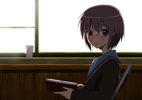 Anime picture 1000x707 with suzumiya haruhi no yuutsu kyoto animation nagato yuki tsuti single looking at viewer blush short hair brown hair brown eyes girl uniform school uniform glasses book (books)