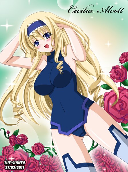 Anime picture 800x1072 with infinite stratos 8bit cecilia orcott the-sinner single long hair tall image looking at viewer blush blue eyes light erotic blonde hair smile girl flower (flowers) rose (roses) bodysuit