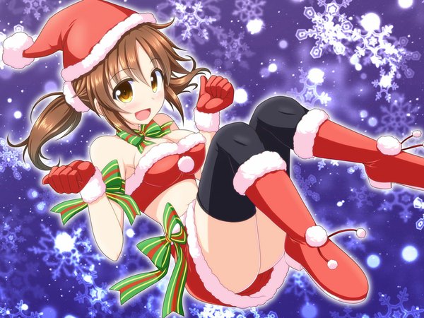 Anime picture 1120x840 with idolmaster idolmaster cinderella girls totoki airi bococho single long hair fringe open mouth light erotic hair between eyes brown hair twintails yellow eyes bent knee (knees) ass fur trim christmas girl thighhighs skirt