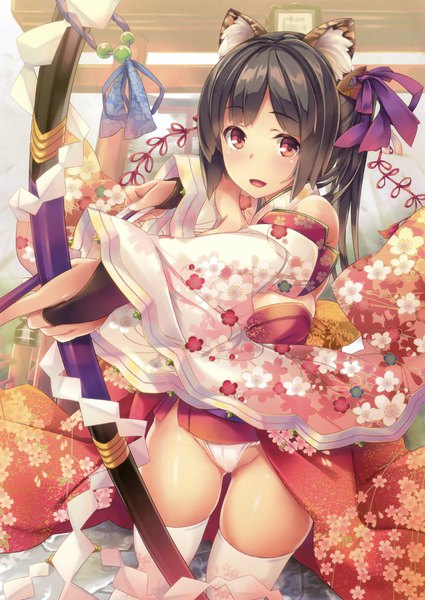 Anime picture 2216x3129 with comic toranoana shimakaze single long hair tall image looking at viewer blush highres open mouth light erotic black hair red eyes animal ears traditional clothes japanese clothes scan official art miko girl thighhighs