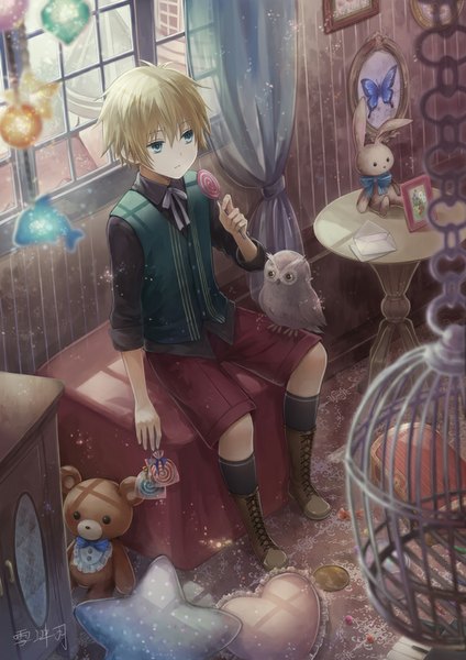Anime picture 694x982 with original angel31424 single tall image fringe short hair blue eyes blonde hair holding signed indoors glow twisty sleeves boy ribbon (ribbons) animal shirt food shorts boots