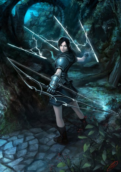 Anime picture 1024x1448 with okita long hair tall image black hair standing magic glowing glowing eye (eyes) girl animal armor bow (weapon) arrow (arrows) wolf