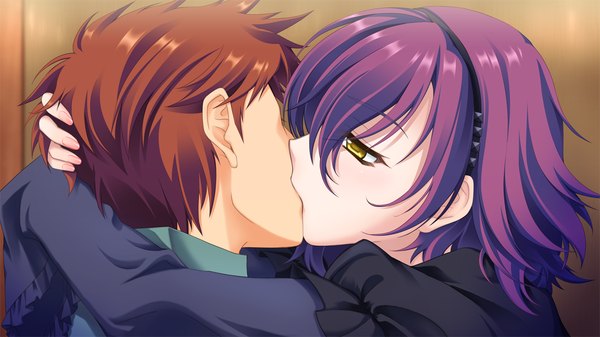 Anime picture 1280x720 with astraythem tagme (character) ginta short hair brown hair wide image yellow eyes game cg purple hair couple kiss french kiss girl dress boy hairband