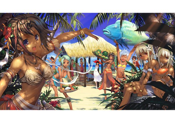 Anime picture 1286x909 with original masa (masa) open mouth brown hair multiple girls holding white hair one eye closed looking back hair flower wink aqua hair group 6+ girls pointing 11 girls tropical girl navel hair ornament
