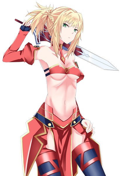 Anime picture 2480x3508 with fate (series) fate/grand order mordred (fate) gatari single tall image looking at viewer fringe highres short hair breasts light erotic simple background blonde hair white background bare shoulders holding green eyes payot cleavage