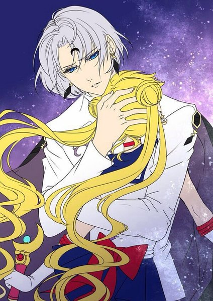 Anime picture 600x848 with bishoujo senshi sailor moon toei animation tsukino usagi sailor moon prince diamond long hair tall image short hair blue eyes blonde hair twintails pleated skirt grey hair from behind hair bun (hair buns) couple hug back hand on head space