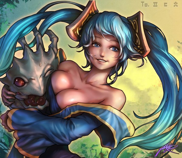 Anime picture 1400x1216 with league of legends sona buvelle kog'maw (league of legends) phantom (ptcrow) fringe breasts blue eyes light erotic smile red eyes twintails bare shoulders blue hair very long hair one eye closed wink girl dress detached sleeves monster