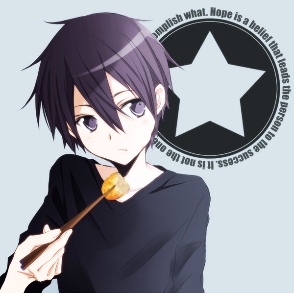 Anime picture 1000x998 with sword art online a-1 pictures kirigaya kazuto tsukimori usako single short hair simple background purple eyes looking away purple hair grey background boy food star (symbol) chopsticks