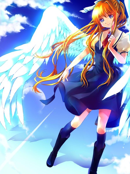 Anime picture 1200x1600 with air key (studio) kamio misuzu myaaco single long hair tall image looking at viewer blue eyes blonde hair smile sky cloud (clouds) ponytail flying angel wings girl uniform ribbon (ribbons) hair ribbon