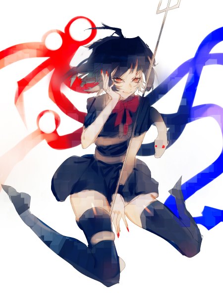 Anime picture 900x1200 with touhou houjuu nue tian (my dear) single tall image looking at viewer short hair black hair simple background smile red eyes white background sitting ahoge nail polish fingernails from above no shoes zettai ryouiki wariza