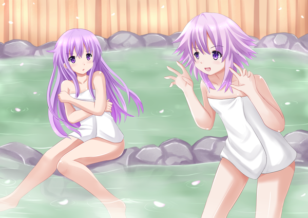 Anime picture 1697x1200 with choujigen game neptune neptune (choujigen game neptune) nepgear kazenokaze long hair highres short hair open mouth light erotic sitting purple eyes multiple girls purple hair naked towel girl 2 girls animal petals water towel