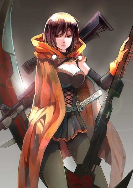 Anime picture 1200x1696 with rwby rooster teeth ruby rose zhuxiao517 single tall image looking at viewer blush short hair black hair red eyes cleavage multicolored hair lips alternate costume gradient background gradient hair between legs underbust girl