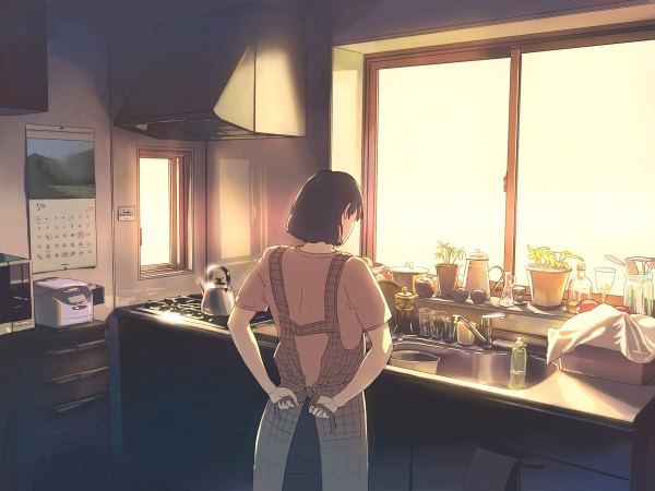 Anime picture 1200x900 with original suchfolder single short hair black hair standing indoors from behind cooking girl plant (plants) window apron fruit apple potted plant teapot kitchen jar
