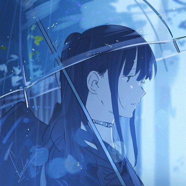 Anime picture 1200x1200 with original loundraw single long hair fringe hair between eyes signed payot blue hair looking away upper body ponytail parted lips profile blurry monochrome rain transparent umbrella girl wings