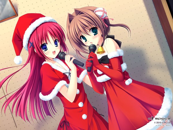 Anime picture 1600x1200 with da capo shirakawa kotori asakura yume kuroneko long hair looking at viewer blush short hair open mouth blue eyes brown hair multiple girls green eyes game cg red hair fur trim christmas girl 2 girls fur