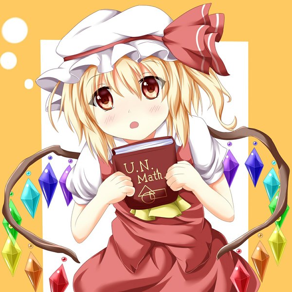 Anime picture 1178x1178 with touhou flandre scarlet kmkm9696 blush short hair open mouth blonde hair red eyes girl dress wings book (books) bonnet crystal