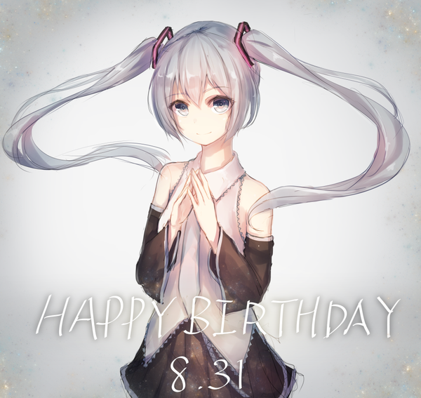 Anime picture 898x849 with vocaloid hatsune miku munuu single long hair looking at viewer fringe simple background hair between eyes twintails bare shoulders payot silver hair pleated skirt light smile grey background wide sleeves floating hair dated silver eyes