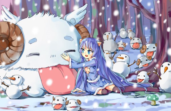 Anime picture 1535x1000 with league of legends lulu (league of legends) poro (league of legends) yanxi yuan amiemie single blue eyes smile blue hair very long hair girl thighhighs black thighhighs tongue winter clothes snowman
