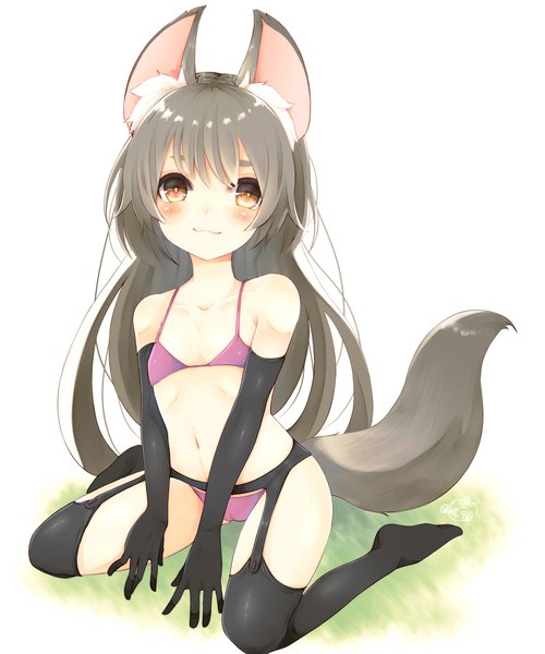 Anime picture 1665x2000 with original chita (ketchup) single long hair tall image looking at viewer blush fringe light erotic simple background smile hair between eyes brown hair white background sitting brown eyes animal ears full body tail animal tail