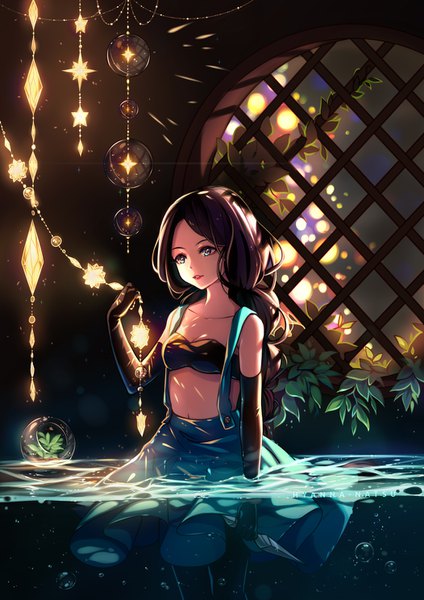 Anime picture 1052x1488 with original hyanna-natsu single long hair tall image brown hair standing holding signed parted lips partially submerged lens flare light girl dress weapon plant (plants) detached sleeves pantyhose water