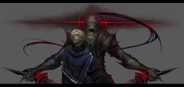 Anime picture 3576x1696 with fate (series) fate/stay night fate/zero studio deen type-moon berserker (fate/zero) matou kariya white-corner fringe highres short hair simple background blonde hair wide image hair over one eye realistic grey background back to back boy weapon