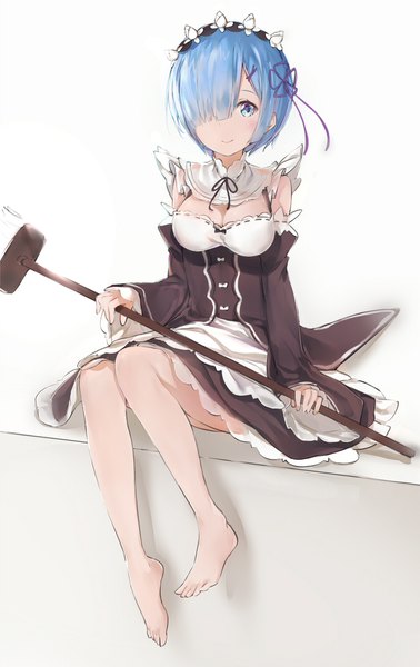 Anime picture 1200x1900 with re:zero kara hajimeru isekai seikatsu white fox rem (re:zero) silver (chenwen) single tall image looking at viewer blush fringe short hair breasts blue eyes smile sitting holding blue hair bent knee (knees) long sleeves barefoot hair over one eye