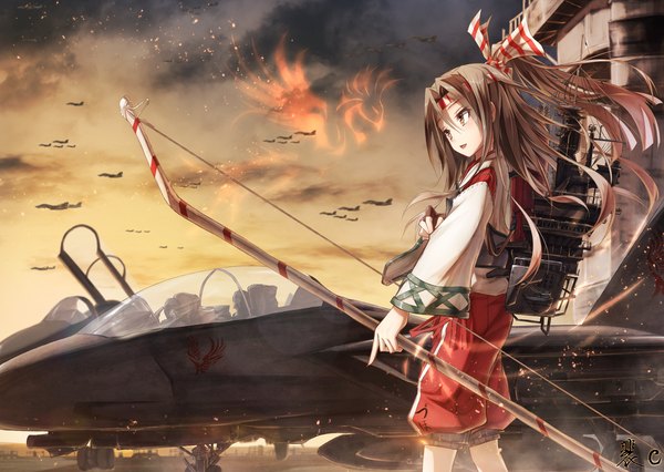 Anime picture 2000x1421 with kantai collection zuihou light aircraft carrier bae.c single long hair highres open mouth brown hair standing brown eyes looking away ponytail long sleeves wide sleeves flying girl gloves ribbon (ribbons) weapon animal