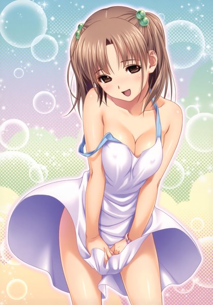 Anime picture 2813x4030 with koutaro single tall image highres short hair open mouth light erotic brown hair bare shoulders brown eyes cleavage two side up girl sundress