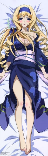 Anime picture 2279x7364 with infinite stratos 8bit cecilia orcott single long hair tall image looking at viewer blush highres open mouth blue eyes light erotic blonde hair full body traditional clothes japanese clothes drill hair dakimakura (medium) girl hairband