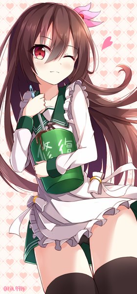 Anime picture 792x1692 with kantai collection kisaragi destroyer rin yuu single long hair tall image looking at viewer blush fringe light erotic red eyes brown hair standing holding one eye closed wind wink valentine girl thighhighs