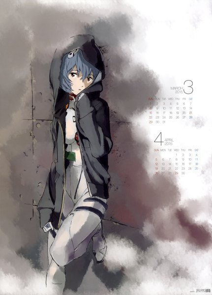 Anime picture 4941x6868 with neon genesis evangelion rebuild of evangelion evangelion: 3.0 you can (not) redo gainax ayanami rei honda takeshi single tall image looking at viewer highres short hair red eyes blue hair absurdres scan official art calendar 2015 girl hair ornament hood