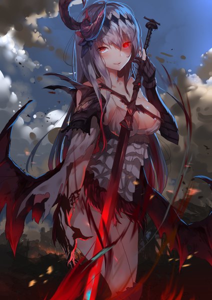 Anime picture 3541x5016 with shingeki no bahamut shadowverse dark jeanne yueqin (monnpiano) single long hair tall image looking at viewer blush highres breasts light erotic red eyes large breasts standing absurdres sky cloud (clouds) outdoors horn (horns)