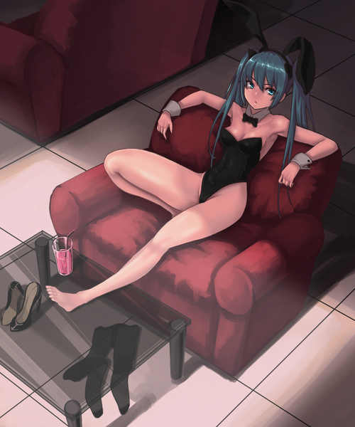 Anime picture 1000x1199 with vocaloid hatsune miku cloel single long hair tall image looking at viewer fringe breasts blue eyes light erotic hair between eyes sitting twintails bare shoulders animal ears blue hair full body bent knee (knees) indoors