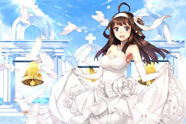 Anime picture 1200x800 with kantai collection kongou battleship hao (patinnko) single long hair looking at viewer blush open mouth brown hair bare shoulders ahoge black eyes girl dress gloves animal elbow gloves hairband bird (birds) ball