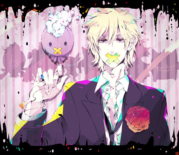 Anime picture 1000x870 with pokemon pokemon heartgold and soulsilver nintendo drifloon morty (pokemon) short hair blue eyes blonde hair mouth hold partially open clothes gen 4 pokemon boy flower (flowers) tuxedo